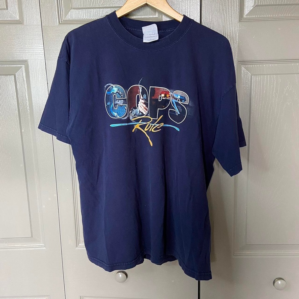Vintage Cops Rule TV Show Promo T-Shirt Mens XL Navy Blue Heavy Cotton Gildan